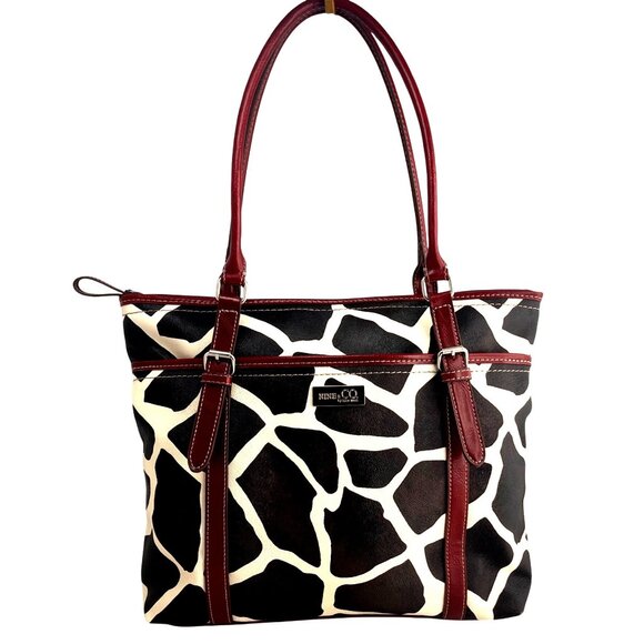 Nine & Co Nine West Brown Giraffe Animal Print Faux Leather Large Tote Bag Purse - Picture 1 of 13
